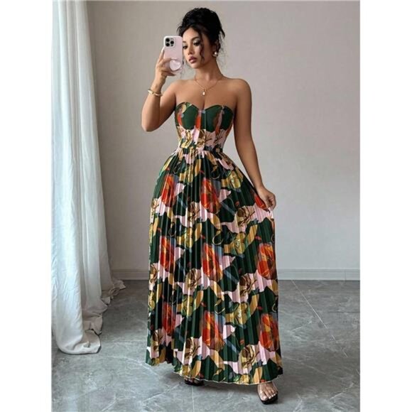 NEW - Digital Printed Strapless Cinched Waist A-Line Pleated Elegant And - Picture 1 of 8